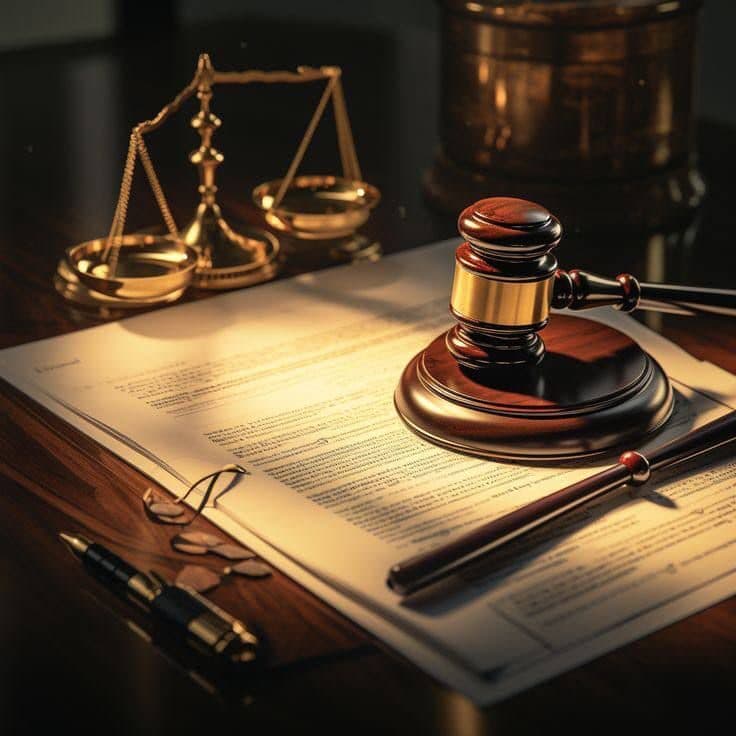 Gavel, scales of justice and a contract on a desk